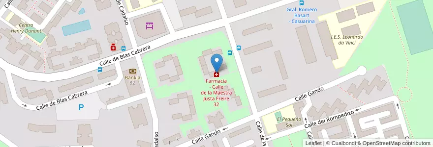 Mapa de ubicacion de Farmacia - Calle de la Maestra Justa Freire 32 en スペイン, マドリード州, Comunidad De Madrid, Área Metropolitana De Madrid Y Corredor Del Henares, Madrid.