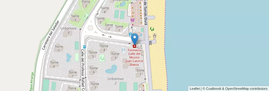 Mapa de ubicacion de Farmacia Calle del Músico Juan Latorre Baeza en Spagna, Comunitat Valenciana, Alacant / Alicante, L'Alacantí, Alacant / Alicante.