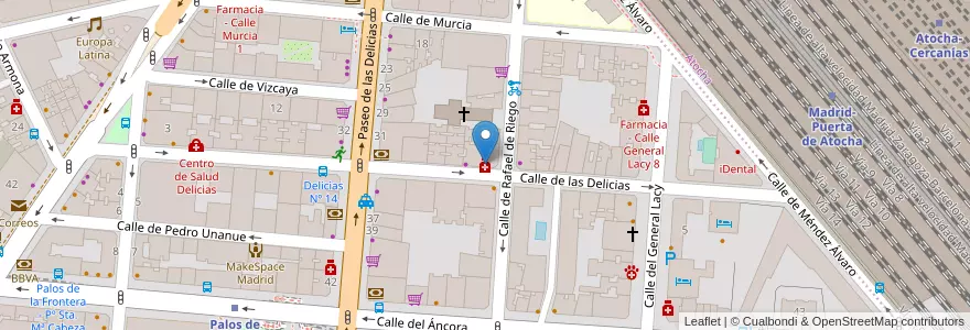 Mapa de ubicacion de Farmacia - Calle Delicias 25 en اسپانیا, بخش خودمختار مادرید, بخش خودمختار مادرید, Área Metropolitana De Madrid Y Corredor Del Henares, مادرید.