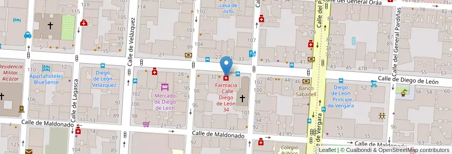 Mapa de ubicacion de Farmacia - Calle Diego de León 34 en 西班牙, Comunidad De Madrid, Comunidad De Madrid, Área Metropolitana De Madrid Y Corredor Del Henares, Madrid.