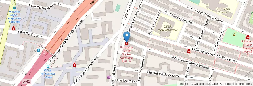 Mapa de ubicacion de Farmacia - Calle Doctor Carmena Ruiz 37 en اسپانیا, بخش خودمختار مادرید, بخش خودمختار مادرید, Área Metropolitana De Madrid Y Corredor Del Henares, مادرید.