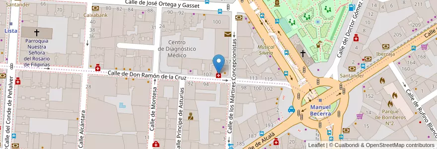 Mapa de ubicacion de Farmacia - Calle Don Ramón de La Cruz 109 en إسبانيا, منطقة مدريد, منطقة مدريد, Área Metropolitana De Madrid Y Corredor Del Henares, مدريد.