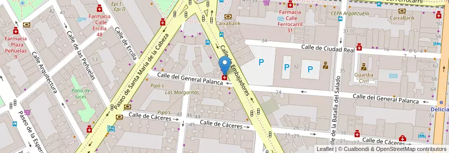 Mapa de ubicacion de Farmacia - Calle Embajadores 122 en اسپانیا, بخش خودمختار مادرید, بخش خودمختار مادرید, Área Metropolitana De Madrid Y Corredor Del Henares, مادرید.