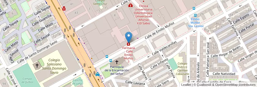 Mapa de ubicacion de Farmacia - Calle Emilio Muñoz 7 en اسپانیا, بخش خودمختار مادرید, بخش خودمختار مادرید, Área Metropolitana De Madrid Y Corredor Del Henares, مادرید.