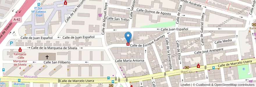 Mapa de ubicacion de Farmacia - Calle Enrique Fuentes 14 en اسپانیا, بخش خودمختار مادرید, بخش خودمختار مادرید, Área Metropolitana De Madrid Y Corredor Del Henares, مادرید.