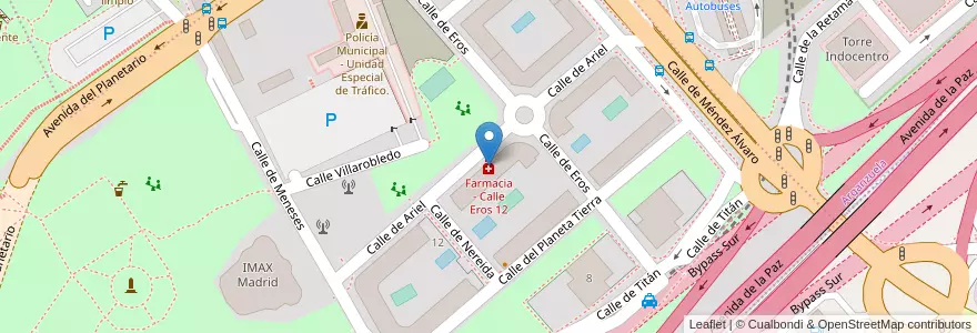 Mapa de ubicacion de Farmacia - Calle Eros 12 en スペイン, マドリード州, Comunidad De Madrid, Área Metropolitana De Madrid Y Corredor Del Henares, Madrid.