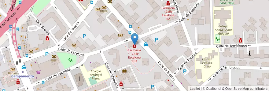 Mapa de ubicacion de Farmacia - Calle Escalona 103 en Spain, Community Of Madrid, Community Of Madrid, Área Metropolitana De Madrid Y Corredor Del Henares, Madrid.