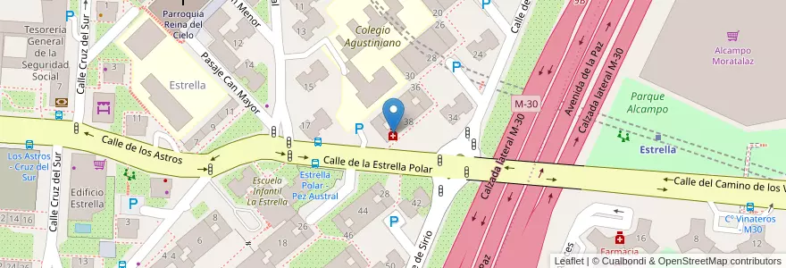 Mapa de ubicacion de Farmacia - Calle Estrella Polar 17 en اسپانیا, بخش خودمختار مادرید, بخش خودمختار مادرید, Área Metropolitana De Madrid Y Corredor Del Henares, مادرید.