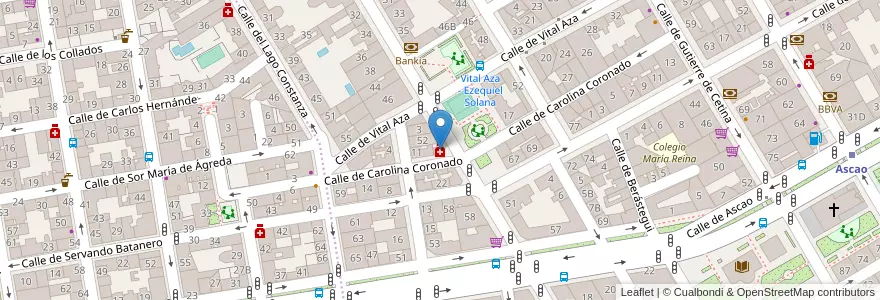Mapa de ubicacion de Farmacia - Calle Ezequiel Solana 54 en Espanha, Comunidade De Madrid, Comunidade De Madrid, Área Metropolitana De Madrid Y Corredor Del Henares, Madrid.