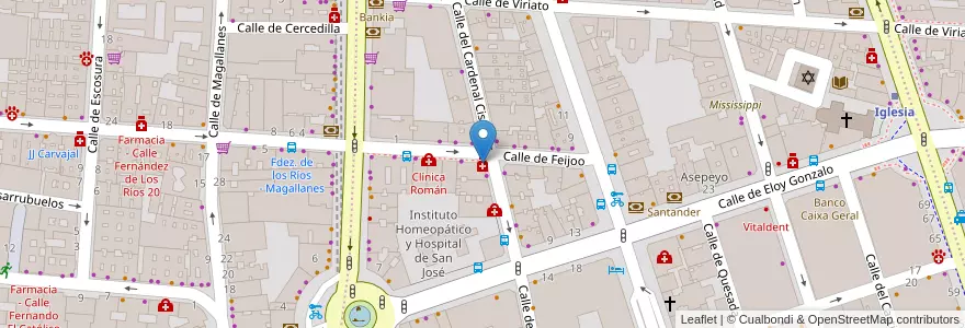 Mapa de ubicacion de Farmacia - Calle Feijoo 12 en اسپانیا, بخش خودمختار مادرید, بخش خودمختار مادرید, Área Metropolitana De Madrid Y Corredor Del Henares, مادرید.