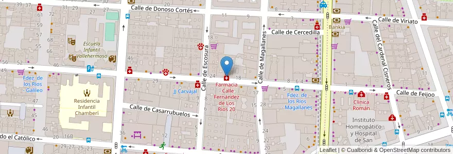 Mapa de ubicacion de Farmacia - Calle Fernández de Los Ríos 20 en إسبانيا, منطقة مدريد, منطقة مدريد, Área Metropolitana De Madrid Y Corredor Del Henares, مدريد.
