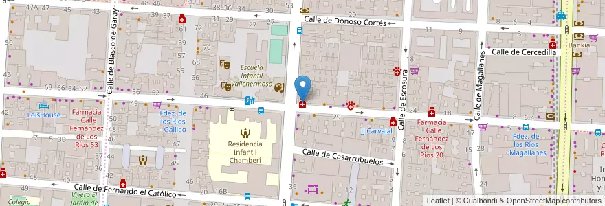 Mapa de ubicacion de Farmacia - Calle Fernández de los Ríos 40 en اسپانیا, بخش خودمختار مادرید, بخش خودمختار مادرید, Área Metropolitana De Madrid Y Corredor Del Henares, مادرید.
