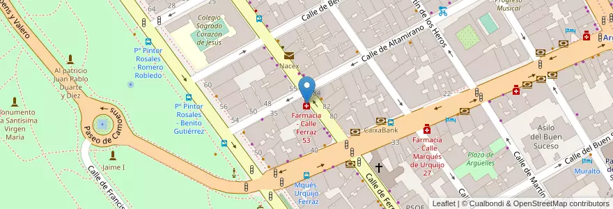 Mapa de ubicacion de Farmacia - Calle Ferraz 53 en اسپانیا, بخش خودمختار مادرید, بخش خودمختار مادرید, Área Metropolitana De Madrid Y Corredor Del Henares, مادرید.