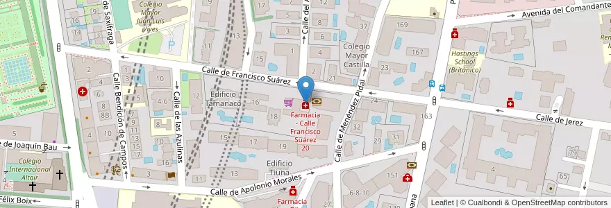 Mapa de ubicacion de Farmacia - Calle Francisco Suárez 20 en スペイン, マドリード州, Comunidad De Madrid, Área Metropolitana De Madrid Y Corredor Del Henares, Madrid.