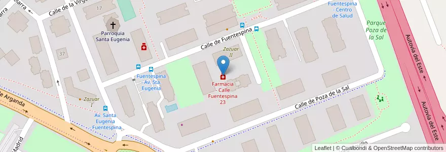Mapa de ubicacion de Farmacia - Calle Fuentespina 23 en اسپانیا, بخش خودمختار مادرید, بخش خودمختار مادرید, Área Metropolitana De Madrid Y Corredor Del Henares, مادرید.
