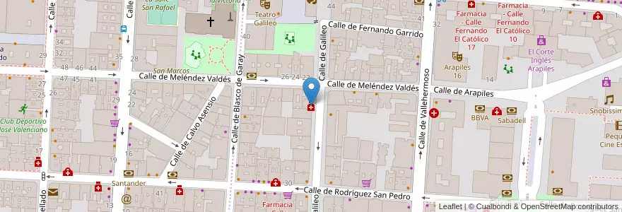 Mapa de ubicacion de Farmacia - Calle Galileo 29 en اسپانیا, بخش خودمختار مادرید, بخش خودمختار مادرید, Área Metropolitana De Madrid Y Corredor Del Henares, مادرید.