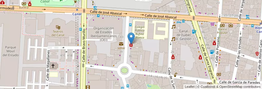 Mapa de ubicacion de Farmacia - Calle General Álvarez de Castro 42 en اسپانیا, بخش خودمختار مادرید, بخش خودمختار مادرید, Área Metropolitana De Madrid Y Corredor Del Henares, مادرید.