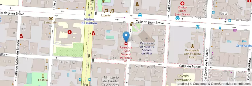Mapa de ubicacion de Farmacia - Calle General Pardiñas 61 en اسپانیا, بخش خودمختار مادرید, بخش خودمختار مادرید, Área Metropolitana De Madrid Y Corredor Del Henares, مادرید.