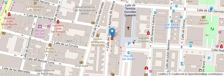 Mapa de ubicacion de Farmacia - Calle General Ramírez de Madrid 18 en اسپانیا, بخش خودمختار مادرید, بخش خودمختار مادرید, Área Metropolitana De Madrid Y Corredor Del Henares, مادرید.