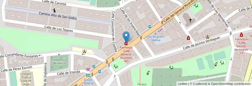Mapa de ubicacion de Farmacia - Calle General Ricardos 40 en スペイン, マドリード州, Comunidad De Madrid, Área Metropolitana De Madrid Y Corredor Del Henares, Madrid.