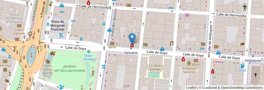 Mapa de ubicacion de Farmacia - Calle Goya 19 en اسپانیا, بخش خودمختار مادرید, بخش خودمختار مادرید, Área Metropolitana De Madrid Y Corredor Del Henares, مادرید.