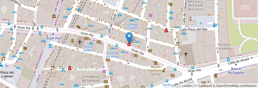 Mapa de ubicacion de Farmacia - Calle Gran Vía 12 en Espagne, Communauté De Madrid, Communauté De Madrid, Área Metropolitana De Madrid Y Corredor Del Henares, Madrid.