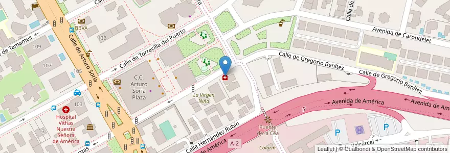 Mapa de ubicacion de Farmacia - Calle Gregorio Benítez 16 en اسپانیا, بخش خودمختار مادرید, بخش خودمختار مادرید, Área Metropolitana De Madrid Y Corredor Del Henares, مادرید.