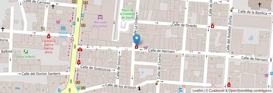 Mapa de ubicacion de Farmacia - Calle Hernani 19 en اسپانیا, بخش خودمختار مادرید, بخش خودمختار مادرید, Área Metropolitana De Madrid Y Corredor Del Henares, مادرید.