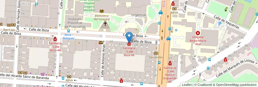 Mapa de ubicacion de Farmacia - Calle Ibiza 66 en إسبانيا, منطقة مدريد, منطقة مدريد, Área Metropolitana De Madrid Y Corredor Del Henares, مدريد.