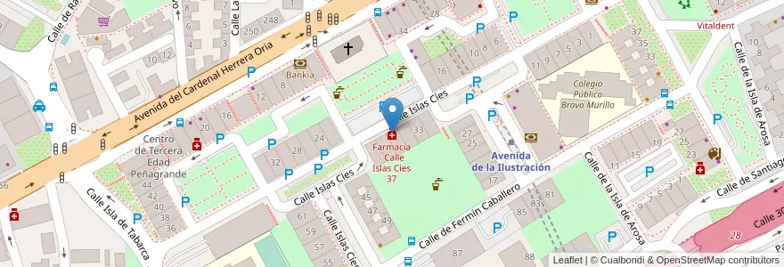 Mapa de ubicacion de Farmacia - Calle Islas Cíes 37 en スペイン, マドリード州, Comunidad De Madrid, Área Metropolitana De Madrid Y Corredor Del Henares, Madrid.
