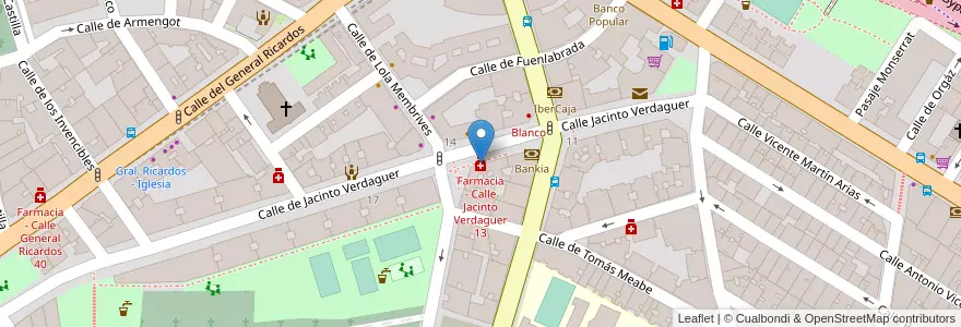 Mapa de ubicacion de Farmacia - Calle Jacinto Verdaguer 13 en Испания, Мадрид, Мадрид, Área Metropolitana De Madrid Y Corredor Del Henares, Мадрид.