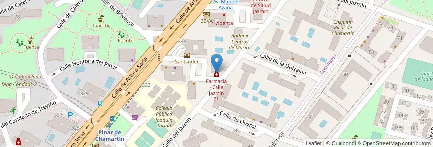 Mapa de ubicacion de Farmacia - Calle Jazmín 21 en اسپانیا, بخش خودمختار مادرید, بخش خودمختار مادرید, Área Metropolitana De Madrid Y Corredor Del Henares, مادرید.