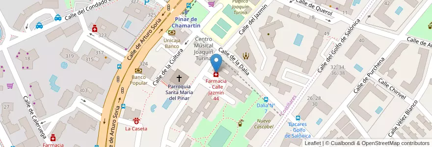Mapa de ubicacion de Farmacia - Calle Jazmín 44 en Spagna, Comunidad De Madrid, Comunidad De Madrid, Área Metropolitana De Madrid Y Corredor Del Henares, Madrid.