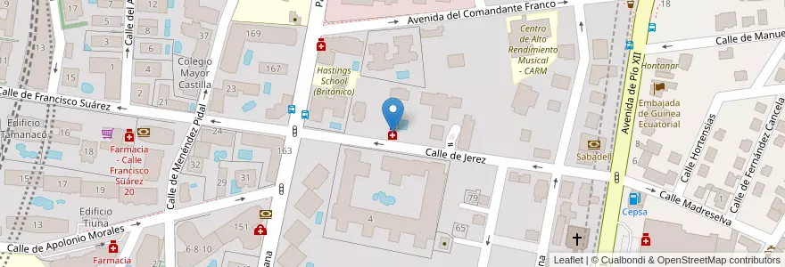 Mapa de ubicacion de Farmacia - Calle Jerez 3 en اسپانیا, بخش خودمختار مادرید, بخش خودمختار مادرید, Área Metropolitana De Madrid Y Corredor Del Henares, مادرید.