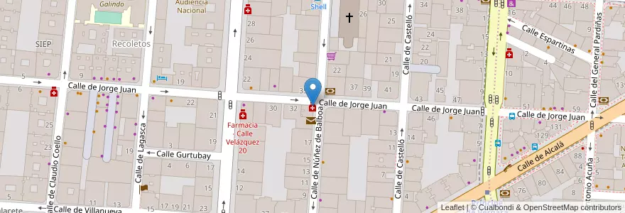 Mapa de ubicacion de Farmacia - Calle Jorge Juan 34 en اسپانیا, بخش خودمختار مادرید, بخش خودمختار مادرید, Área Metropolitana De Madrid Y Corredor Del Henares, مادرید.