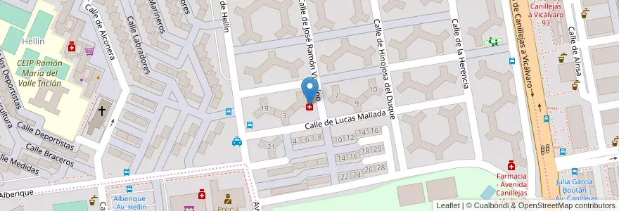 Mapa de ubicacion de Farmacia - Calle José Ramón Vizcaíno 8 en Spain, Community Of Madrid, Community Of Madrid, Área Metropolitana De Madrid Y Corredor Del Henares, Madrid.