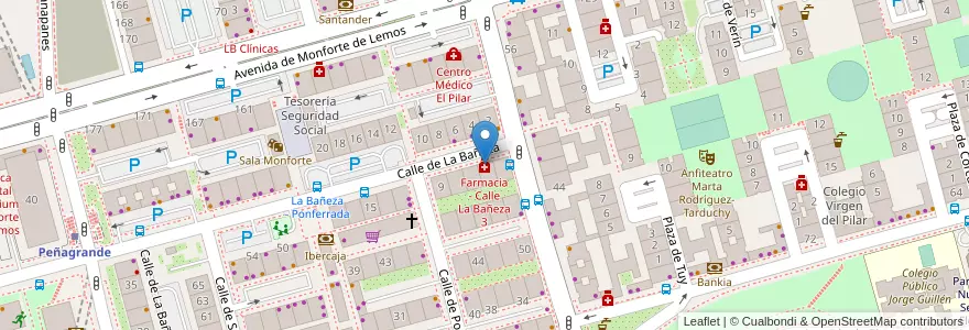 Mapa de ubicacion de Farmacia - Calle La Bañeza 3 en اسپانیا, بخش خودمختار مادرید, بخش خودمختار مادرید, Área Metropolitana De Madrid Y Corredor Del Henares, مادرید.