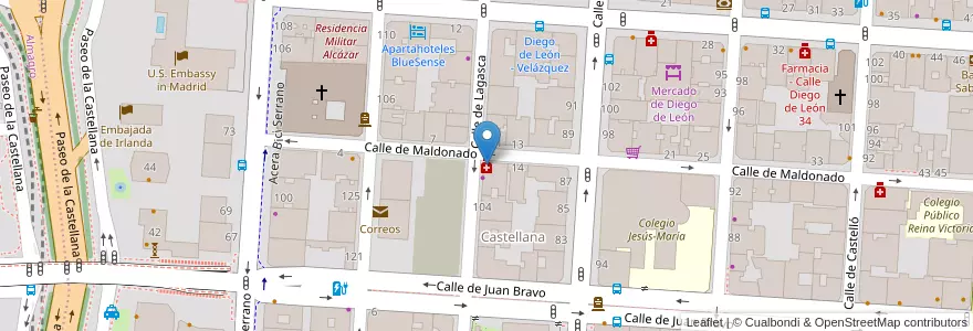 Mapa de ubicacion de Farmacia - Calle Lagasca 106 en اسپانیا, بخش خودمختار مادرید, بخش خودمختار مادرید, Área Metropolitana De Madrid Y Corredor Del Henares, مادرید.