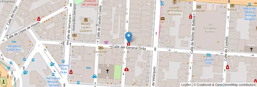 Mapa de ubicacion de Farmacia - Calle Lagasca 130 en اسپانیا, بخش خودمختار مادرید, بخش خودمختار مادرید, Área Metropolitana De Madrid Y Corredor Del Henares, مادرید.