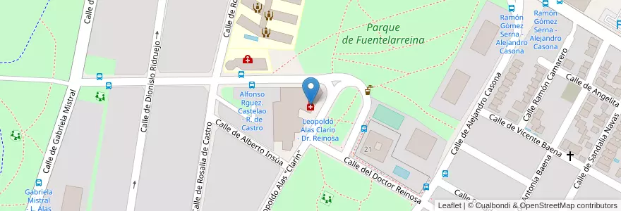 Mapa de ubicacion de Farmacia - Calle Leopoldo Alas Clarín 8 en Spanien, Autonome Gemeinschaft Madrid, Autonome Gemeinschaft Madrid, Área Metropolitana De Madrid Y Corredor Del Henares, Madrid.
