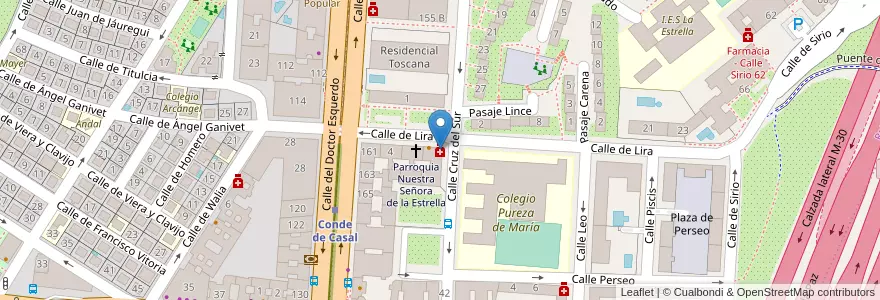 Mapa de ubicacion de Farmacia - Calle Lira 8 en اسپانیا, بخش خودمختار مادرید, بخش خودمختار مادرید, Área Metropolitana De Madrid Y Corredor Del Henares, مادرید.