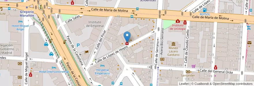 Mapa de ubicacion de Farmacia - Calle López de Hoyos 7 en اسپانیا, بخش خودمختار مادرید, بخش خودمختار مادرید, Área Metropolitana De Madrid Y Corredor Del Henares, مادرید.