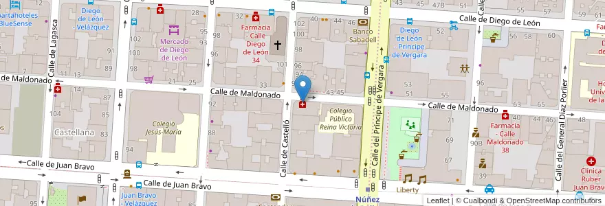 Mapa de ubicacion de Farmacia - Calle Maldonado 30 en اسپانیا, بخش خودمختار مادرید, بخش خودمختار مادرید, Área Metropolitana De Madrid Y Corredor Del Henares, مادرید.