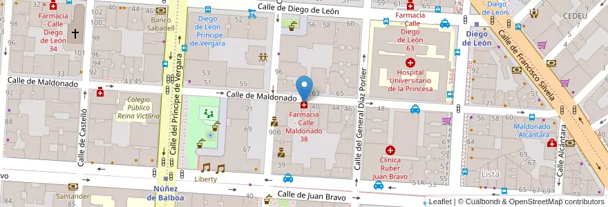 Mapa de ubicacion de Farmacia - Calle Maldonado 38 en اسپانیا, بخش خودمختار مادرید, بخش خودمختار مادرید, Área Metropolitana De Madrid Y Corredor Del Henares, مادرید.
