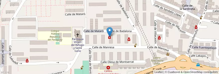 Mapa de ubicacion de Farmacia - Calle Manresa 44 en Spain, Community Of Madrid, Community Of Madrid, Área Metropolitana De Madrid Y Corredor Del Henares, Madrid.