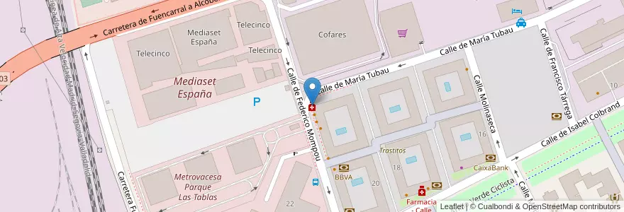 Mapa de ubicacion de Farmacia - Calle María Tubau 19 en スペイン, マドリード州, Comunidad De Madrid, Área Metropolitana De Madrid Y Corredor Del Henares, Madrid.