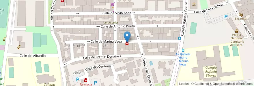 Mapa de ubicacion de Farmacia - Calle Marina Vega 42 en اسپانیا, بخش خودمختار مادرید, بخش خودمختار مادرید, Área Metropolitana De Madrid Y Corredor Del Henares, مادرید.
