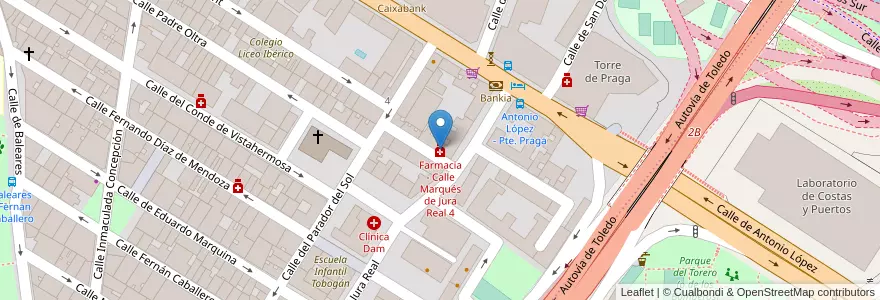 Mapa de ubicacion de Farmacia - Calle Marqués de Jura Real 4 en Espanha, Comunidade De Madrid, Comunidade De Madrid, Área Metropolitana De Madrid Y Corredor Del Henares, Madrid.
