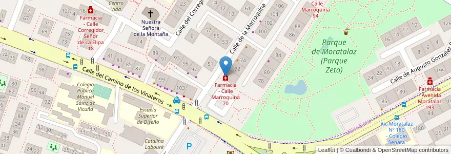 Mapa de ubicacion de Farmacia - Calle Marroquina 70 en اسپانیا, بخش خودمختار مادرید, بخش خودمختار مادرید, Área Metropolitana De Madrid Y Corredor Del Henares, مادرید.