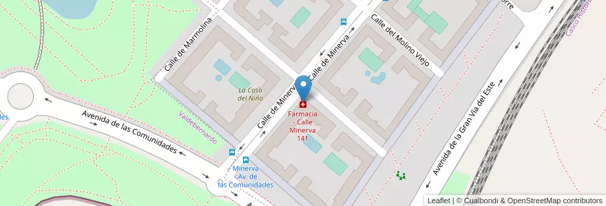 Mapa de ubicacion de Farmacia - Calle Minerva 141 en Sepanyol, Comunidad De Madrid, Comunidad De Madrid, Área Metropolitana De Madrid Y Corredor Del Henares, Madrid.